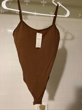 Ribbed Brown Spaghetti Strap Bodysuit